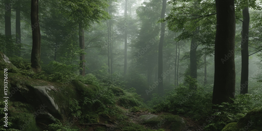 Fototapeta premium Misty forest exploration nature hdr panorama serene environment tranquil viewpoint