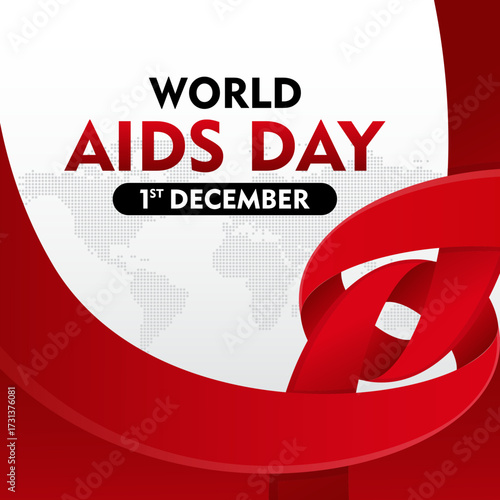 World AIDS Day awareness month. December 1. With world map silhouette and ribbon. Template for Poster, Banner, Flyer, Post, Card, Cover. HIV AIDS prevention design