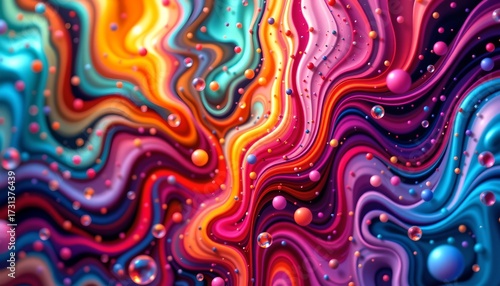 A vibrant, abstract design with flowing colors that seem to dance across the canvas. The design is a blend of blues, pinks, yellows, and purples, creating an energetic and dynamic pattern