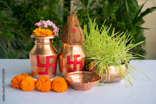 Ghatasthapana, the first day of Dashain in Nepal, where barley seeds are planted in sacred soil to grow Jamara for the Hindu festival with puja ritual utensils