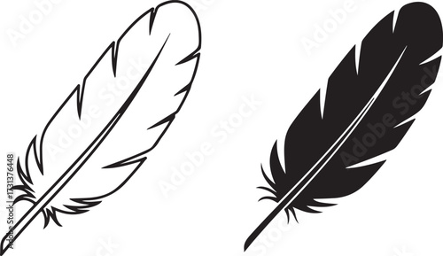Illustration of outline and silhouette of a feather isolated on white background