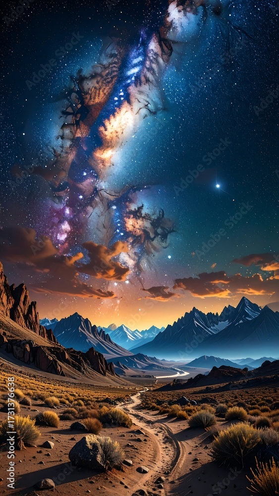 Naklejka premium Mountain pass at sunset with vibrant Milky Way overhead