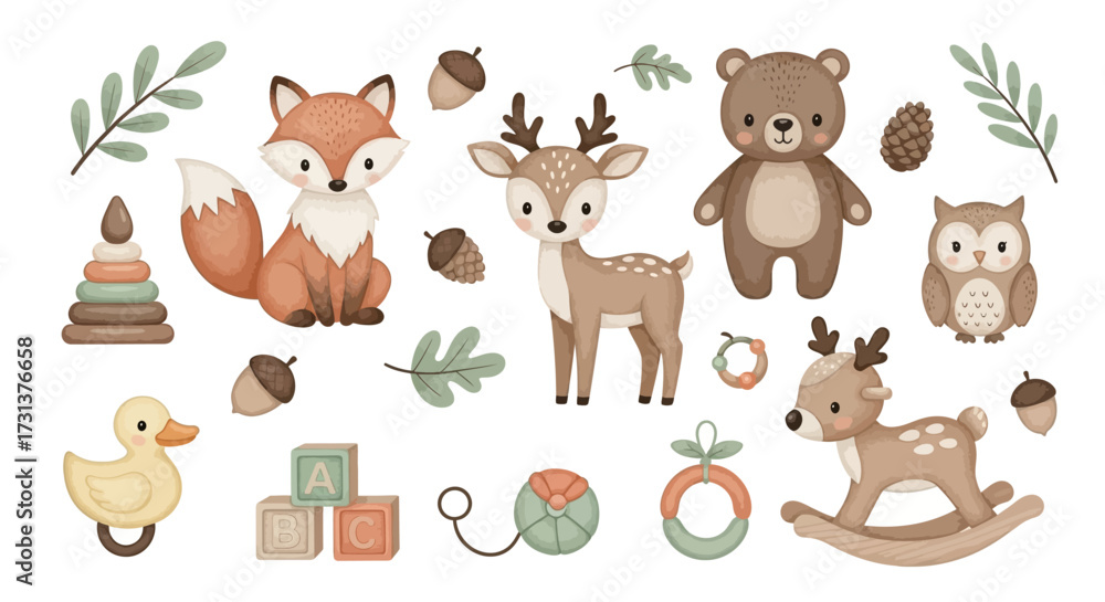 Fototapeta premium Cute Woodland Animals and Baby Toys Illustration