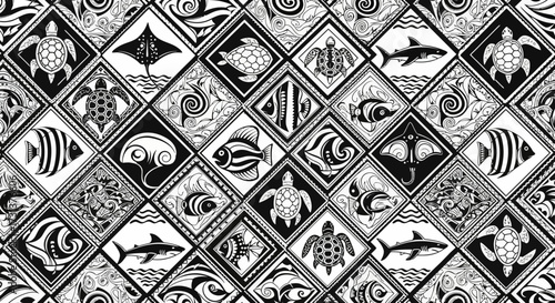 Abstract geometric marine life pattern with stylized ocean animals in a monochrome design