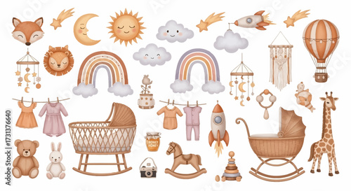 Collection of boho nursery illustrations with cute animals, rainbows, and baby accessories