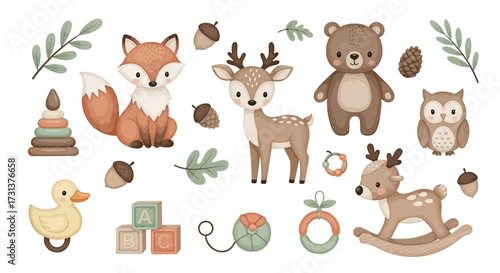 Cute Woodland Animals and Baby Toys Illustration