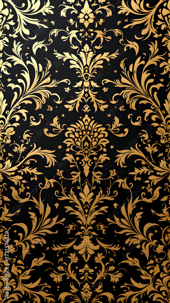 Fototapeta premium A detailed close up of a black background with intricate gold floral and leaf pattern designs repeated