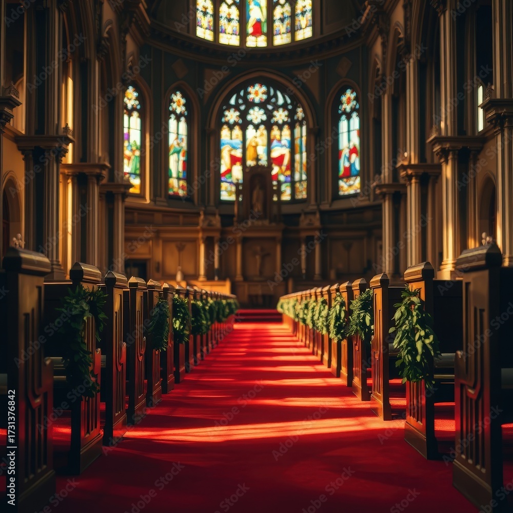Fototapeta premium A stunning view of a cathedral's interior featuring ornate stained glass windows and a beautifully decorated aisle.