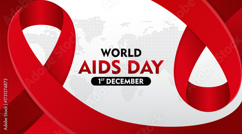 World AIDS Day awareness month. December 1. With world map silhouette and ribbon. Template for Poster, Banner, Flyer, Post, Card, Cover. HIV AIDS prevention design