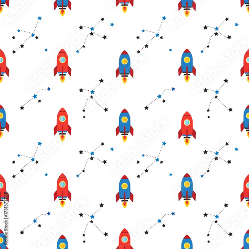 Whimsical Space Adventure Seamless Pattern with Rockets and Constellations