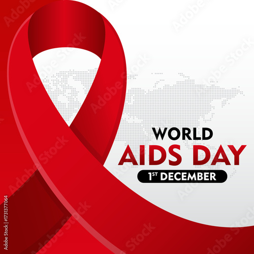 World AIDS Day awareness month. December 1. With world map silhouette and ribbon. Template for Poster, Banner, Flyer, Post, Card, Cover. HIV AIDS prevention design