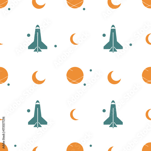 Seamless pattern of space-themed elements including a rocket ship, planet, and moon on a white background