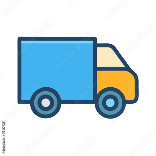 Stylized blue and yellow delivery truck icon on black background