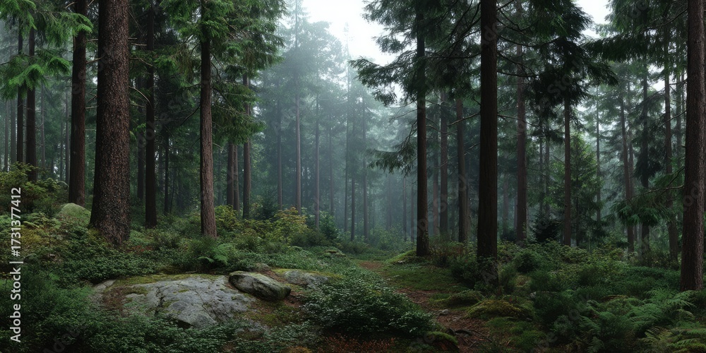 Fototapeta premium Misty forest landscape nature hdr panoramic view serene environment