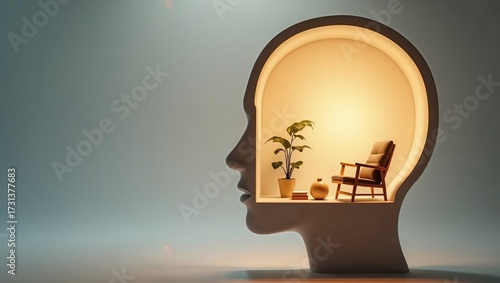 Surreal Mind Sanctuary: Cozy Room within Transparent Human Head Silhouette

