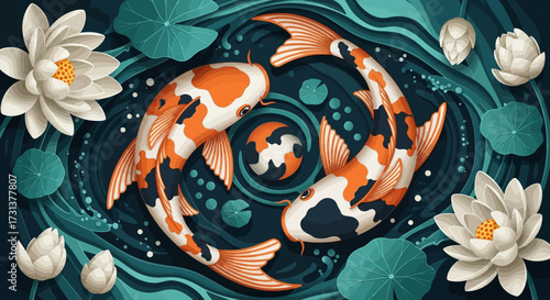 Two Koi Fish Swimming in a Swirling Yin Yang Formation with Lotus Flowers