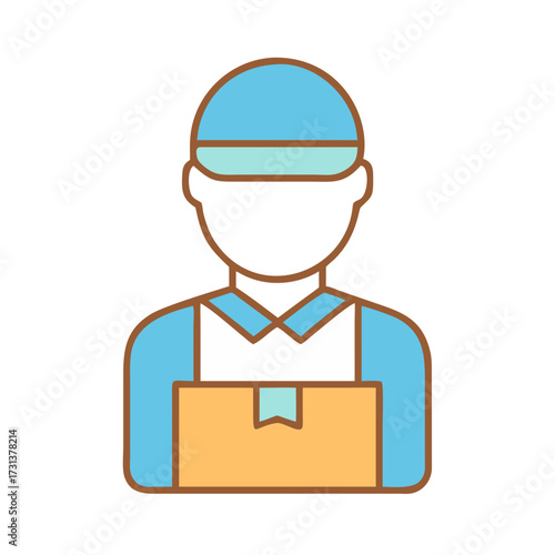 Delivery person carrying box flat icon on black background