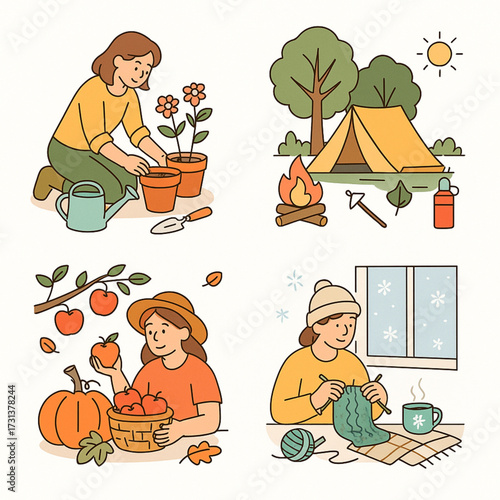 Young woman gardening, camping, harvesting, and knitting indoors  