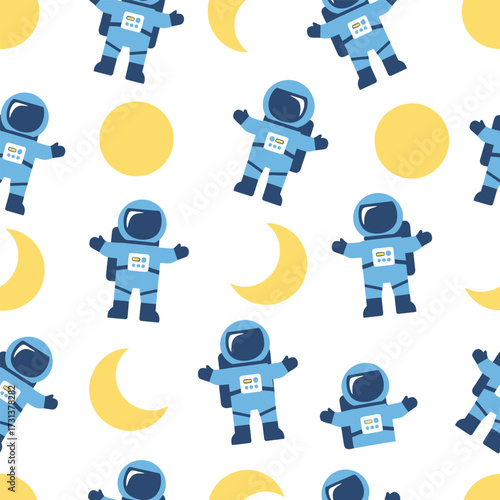 Cute cartoon astronauts with moons and yellow circles create an adorable seamless pattern, ideal for kids' apparel, cosmic decor, and playful space-themed backgrounds