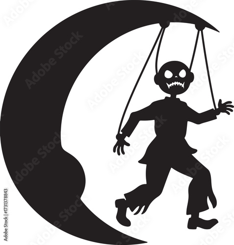 Dark Marionette Vector: Moonlight Halloween Black White Puppet T-Shirt Graphic.