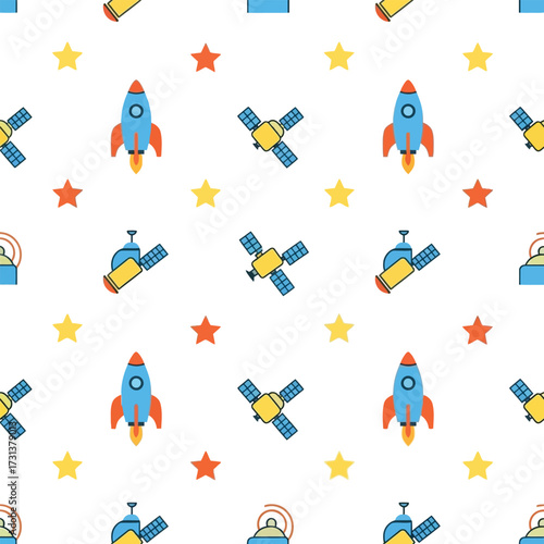 Seamless pattern of rockets, satellites and stars, ideal for children's room decor and space-themed designs