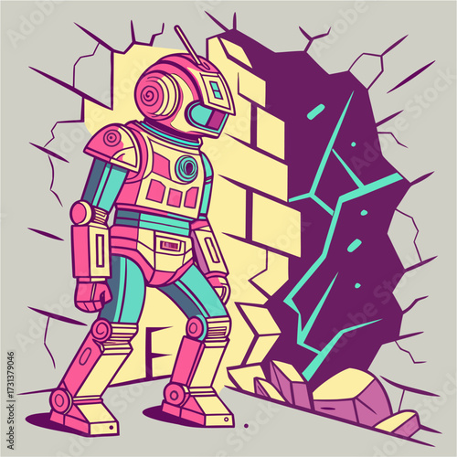 Retro Robot & Cracked Portal Wall – Stylized Scene