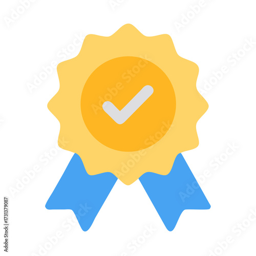 Verification badge icon with ribbon, flat design style