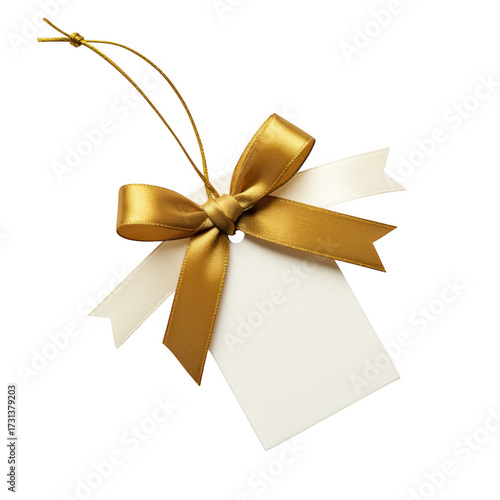 Gold ribbon tied around blank white gift tag isolated on transparent background