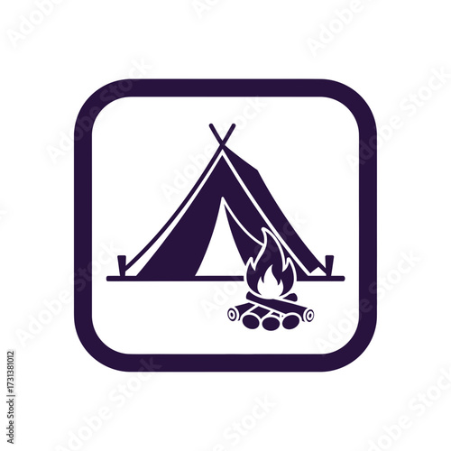 Tent and campfire icon for outdoor camping and adventure.