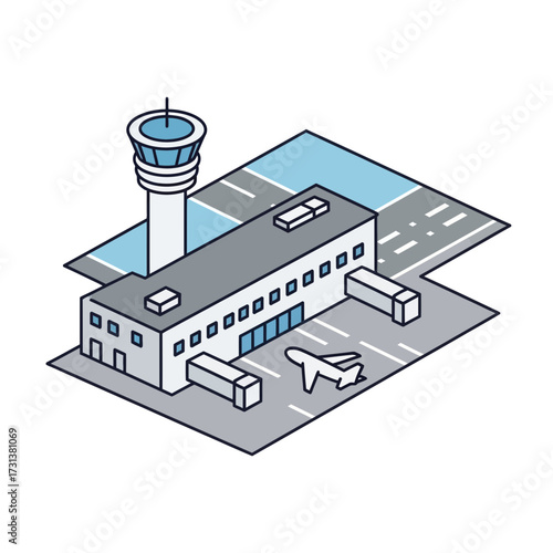 Airport terminal and control tower with parked vehicles.