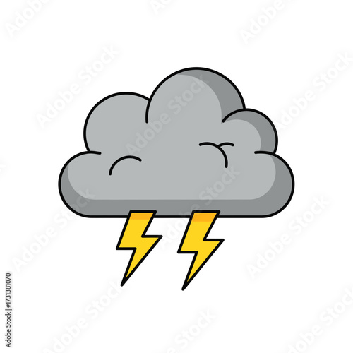 Storm cloud with lightning bolts on white background.
