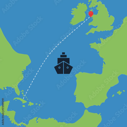 Ship sailing across ocean from Caribbean to Europe.