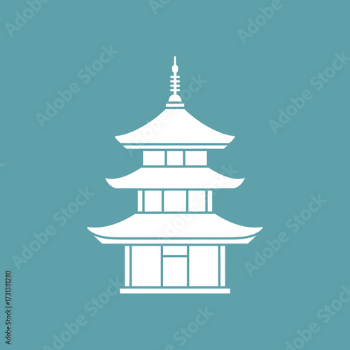 White multi-tiered pagoda structure on a teal background.