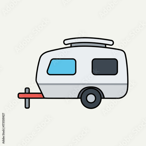 White travel trailer with blue and black windows on a light background.