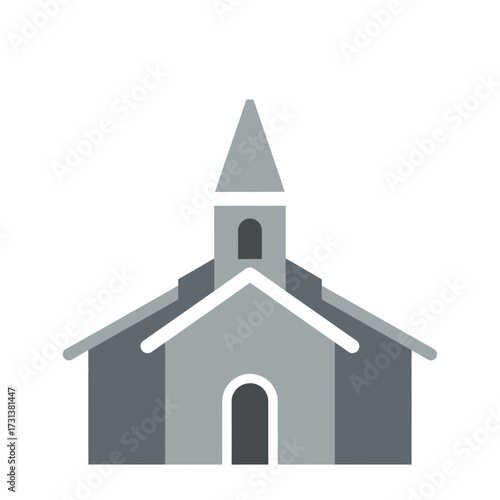 A stylized illustration of a simple church building with a steeple.
