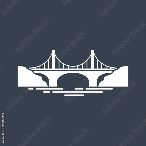 White suspension bridge illustration on dark blue background.
