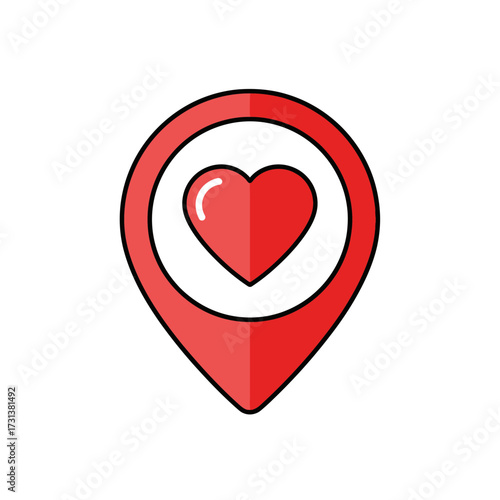 Red location pin with a heart inside on a white background.