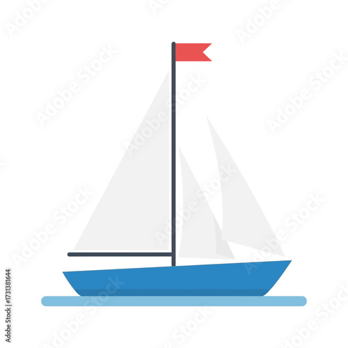 A blue sailboat with white sails and a red flag on a calm sea.