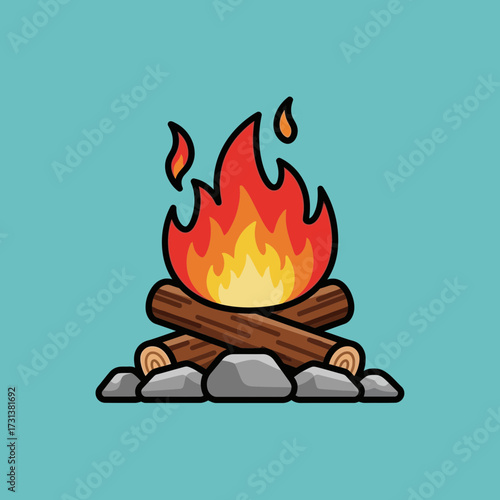 Campfire with burning logs and stones on a blue background.
