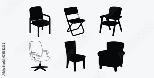 Collection of different types of chairs in black and white vector illustration