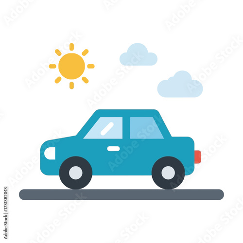 Blue car driving on a road under a sunny sky.