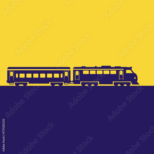 Train moving on tracks against a yellow and blue background.