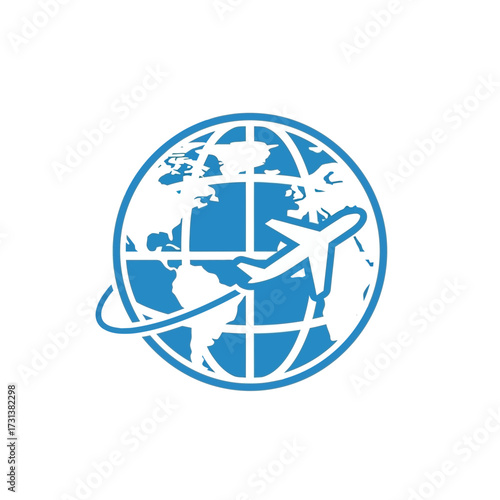 Airplane flying around a stylized globe with lines indicating travel.