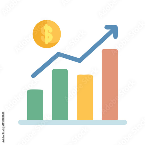Stock chart with upward arrow, coin indicating financial growth