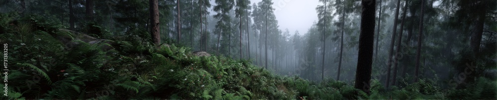 Obraz premium Misty forest landscape hdr panorama tranquil nature scene lush green environment