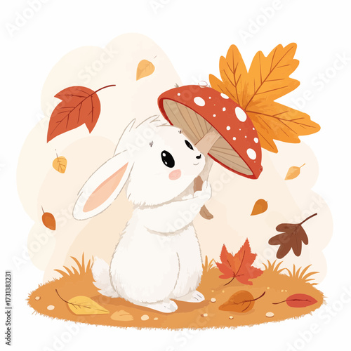 Cute white bunny hiding under a mushroom umbrella in autumn