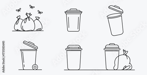 Collection of Trash Bins and Bags in Black and White Linear Style