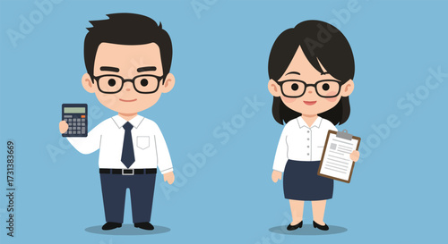 Cartoon Business People Man with Calculator and Woman with Clipboard.
