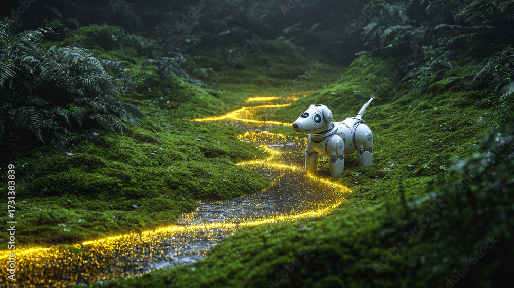 Obraz premium A futuristic robot dog explores a mystical green forest standing beside a winding river of shimmering golden light