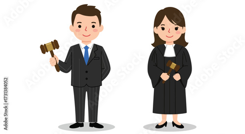 Cartoon Male Judge Holding Gavel and Female Judge in Robes.